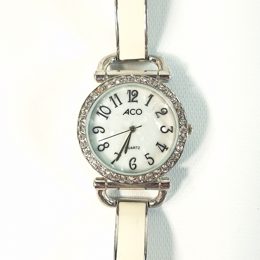 Aco White Enamel MOP Rhinestone Silver Tone Ladies Watch, New Battery